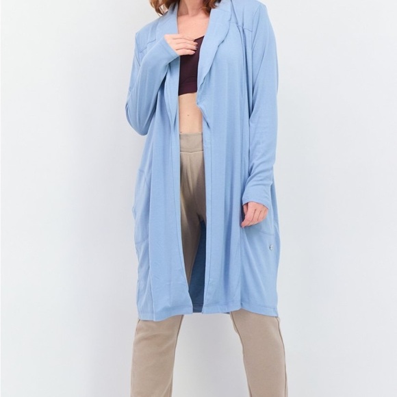 Women Split Neck Long Sleeve Plain Open Front Cardigan, Slate Blue NWT 72.00 - Picture 2 of 5